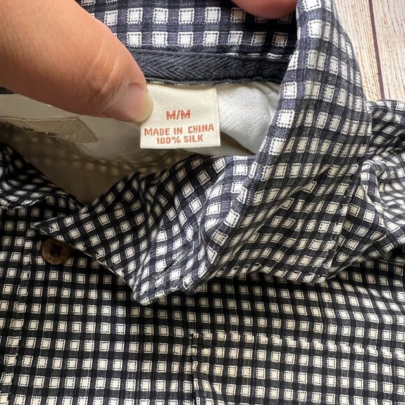 Tommy Bahama Mens Silk Shirt M Black White Geometric Check Short Sleeve Camp - Picture 8 of 13